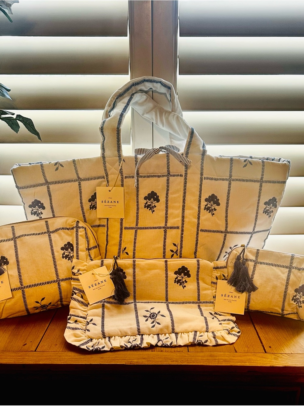 Sezane beautiful 4pc set. Ecru with blue embroidery new with tags.
